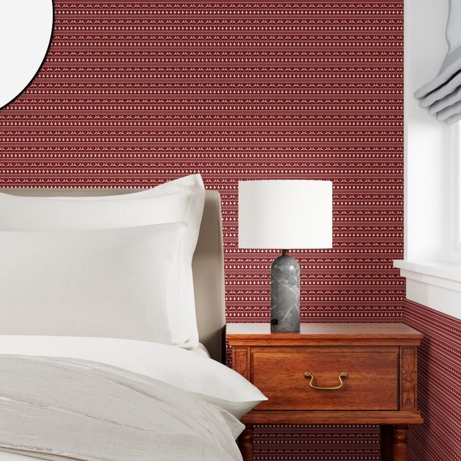 Dark Christmas Candy Apple Red Nordic Reindeer Stripe in White Wallpaper nordic knit wallpaper