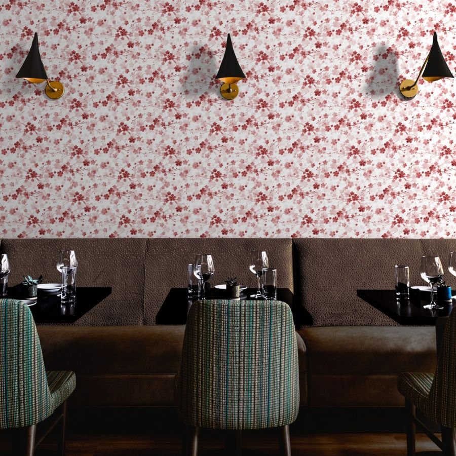 Bright Red Pastel Watercolor Cherry Blossom Flowers and Vines Wallpaper cherry blossom wallpaper