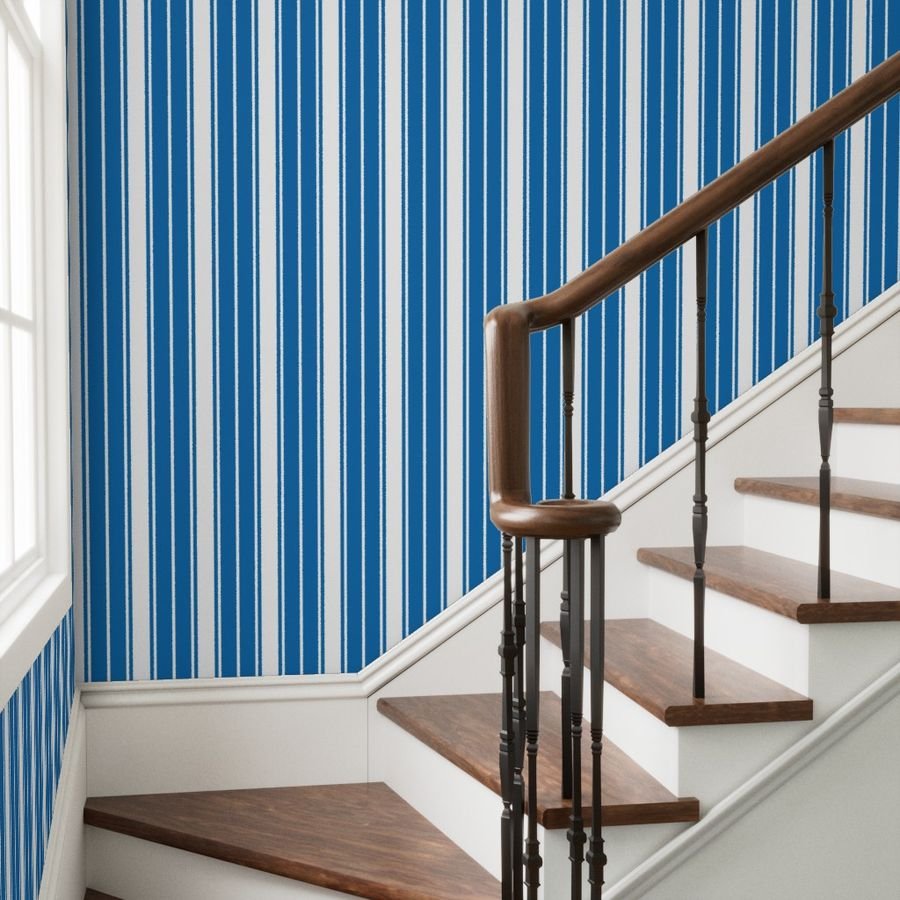 Biscayne Bay Blue and White Vertical French Stripe Wallpaper jumbo stripe wallpaper