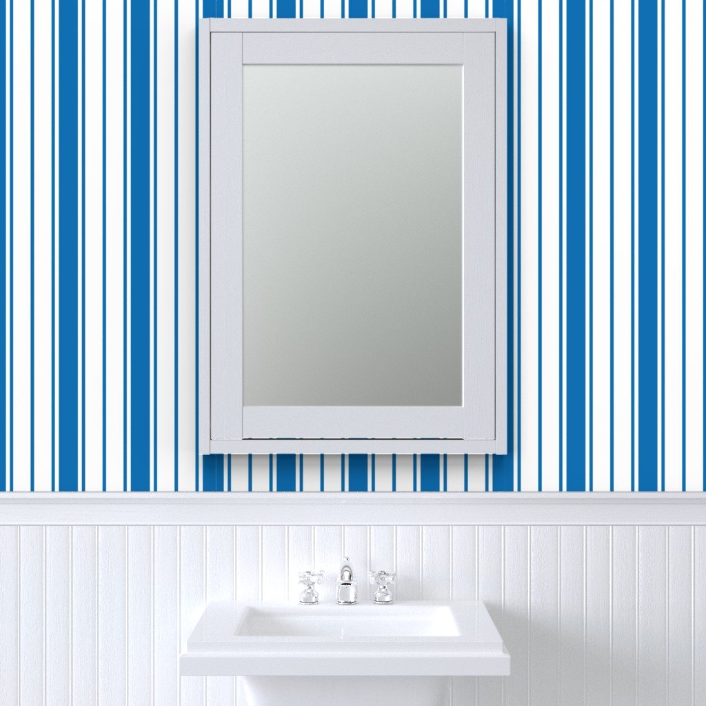 Biscayne Bay Blue and White Vertical French Stripe Wallpaper jumbo stripe wallpaper