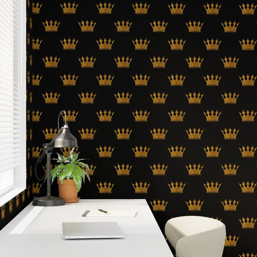 Midnight Black Faux Metallic Gold Crowns Wallpaper faux gold wallpaper
