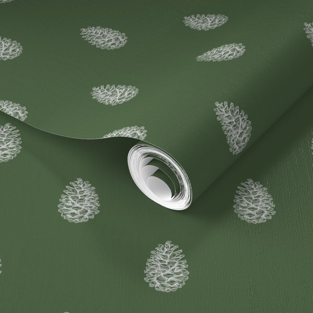 Christmas Pine Cone in Bright White on Fir Tree Green Wallpaper white pine cone wallpaper