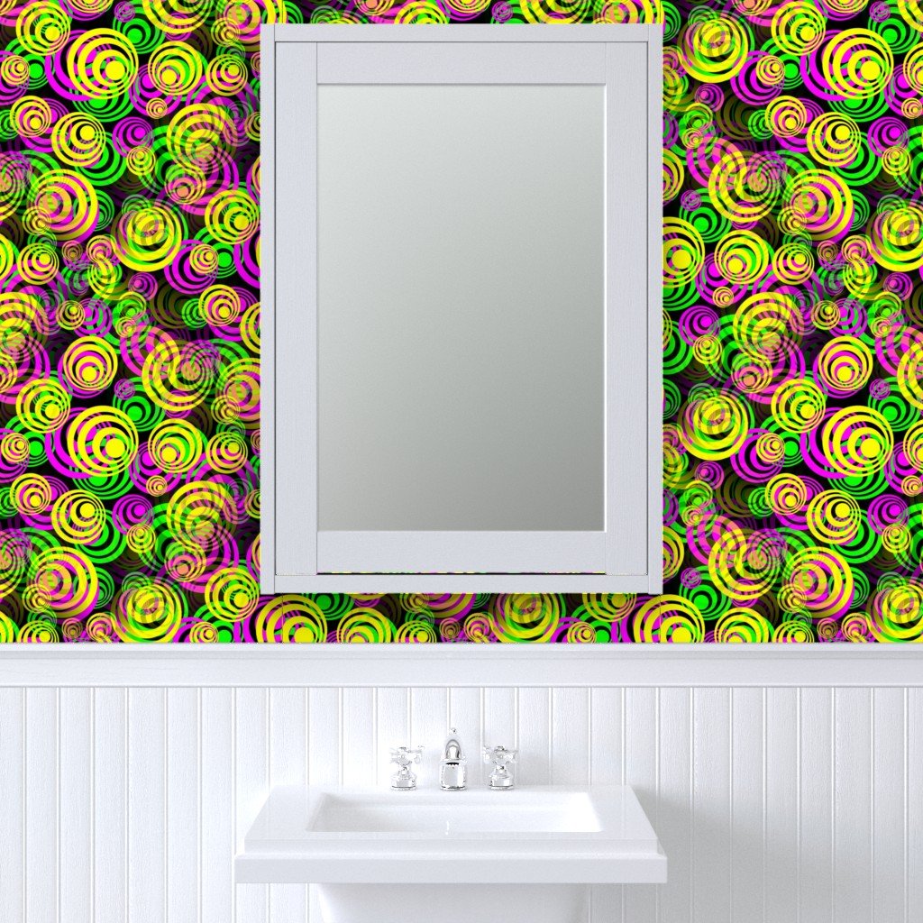 Bright Yellow Pink and Green 70s Hippy Circles Wallpaper disco circles wallpaper