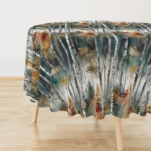 Endless Birch Tree Dreamscape Trees in Misty Forest Watercolor Home Decor Collection Home Styling Collection autumn decor tablecloth design