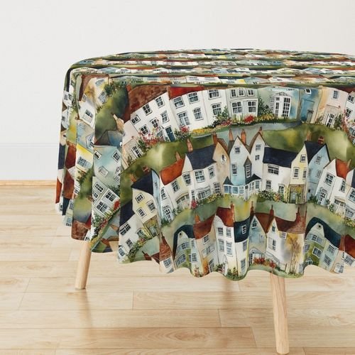 English Village Houses in Watercolor Home Styling Collection Home Decor Collection british tablecloth design