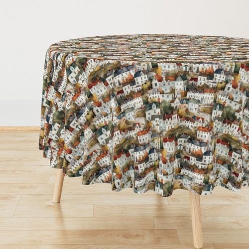Small English Town Houses in Watercolor Decor Collection Home Styling Collection english cottages tablecloth design