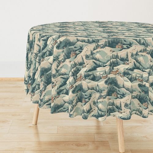 Small Vintage Ski Slope Cabins in Woods Blue Interior Collection Home Styling Collection winter ski print tablecloth design