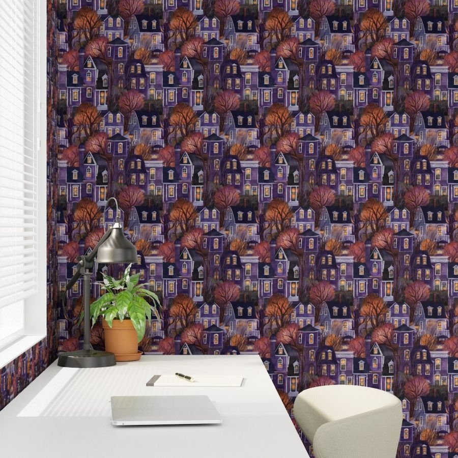 Bright Purple Haunted New England Village Watercolor Wallpaper purple village wallpaper
