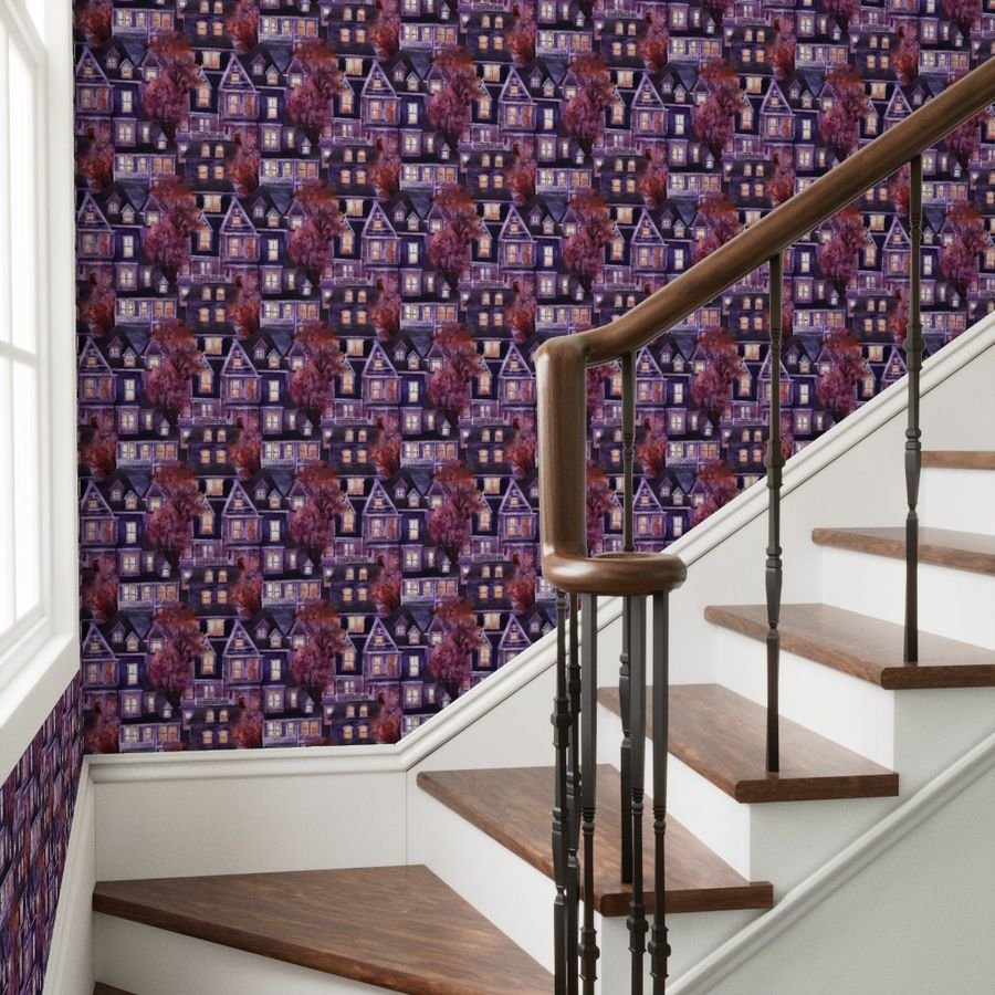 Bright Purple Haunted New England Village Watercolor Wallpaper purple village wallpaper