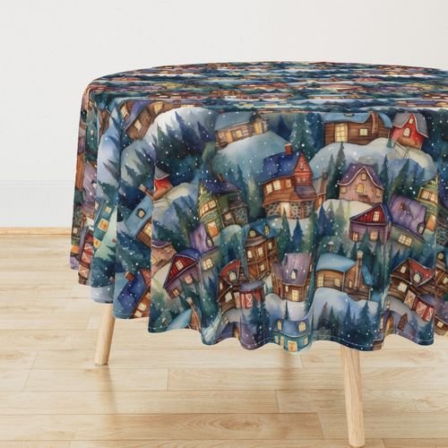 Large Christmas Rustic Country Winter Cabins Watercolor Decor Collection Design Collection wintery christmas tablecloth design