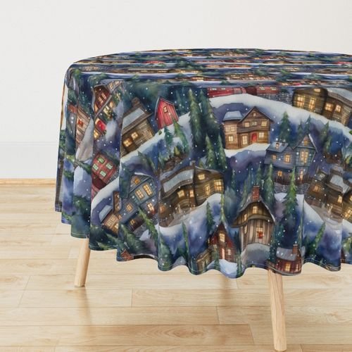Large Christmas Christmas Rustic Village Winter Cabins Watercolor Home Decor Collection Home Styling Collection wintery christmas tablecloth design