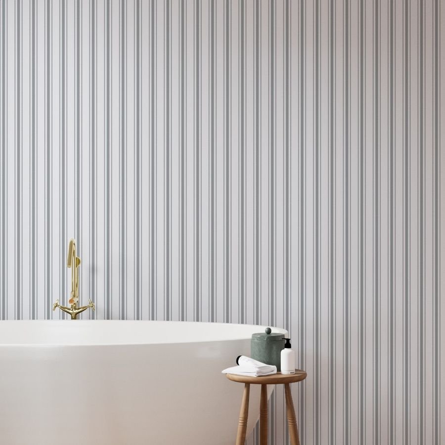 Grey Blue French Provincial Ticking Stripe on Off-White Wallpaper blue ticking wallpaper