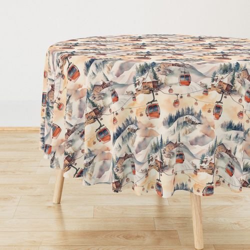 Vintage Ski Slope Cabins in Soft Pastels Design Collection Interior Collection winter scene tablecloth design