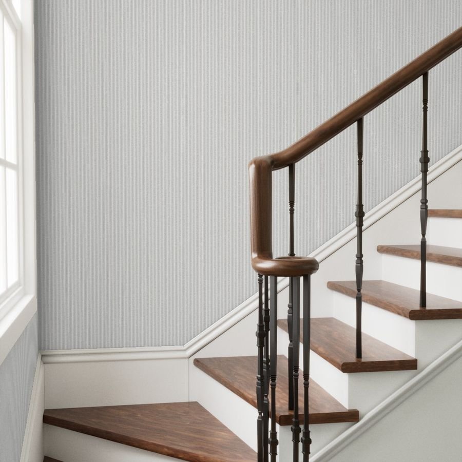 Warm Beige Thin Ticking Stripes on White Wallpaper cozy wallpaper
