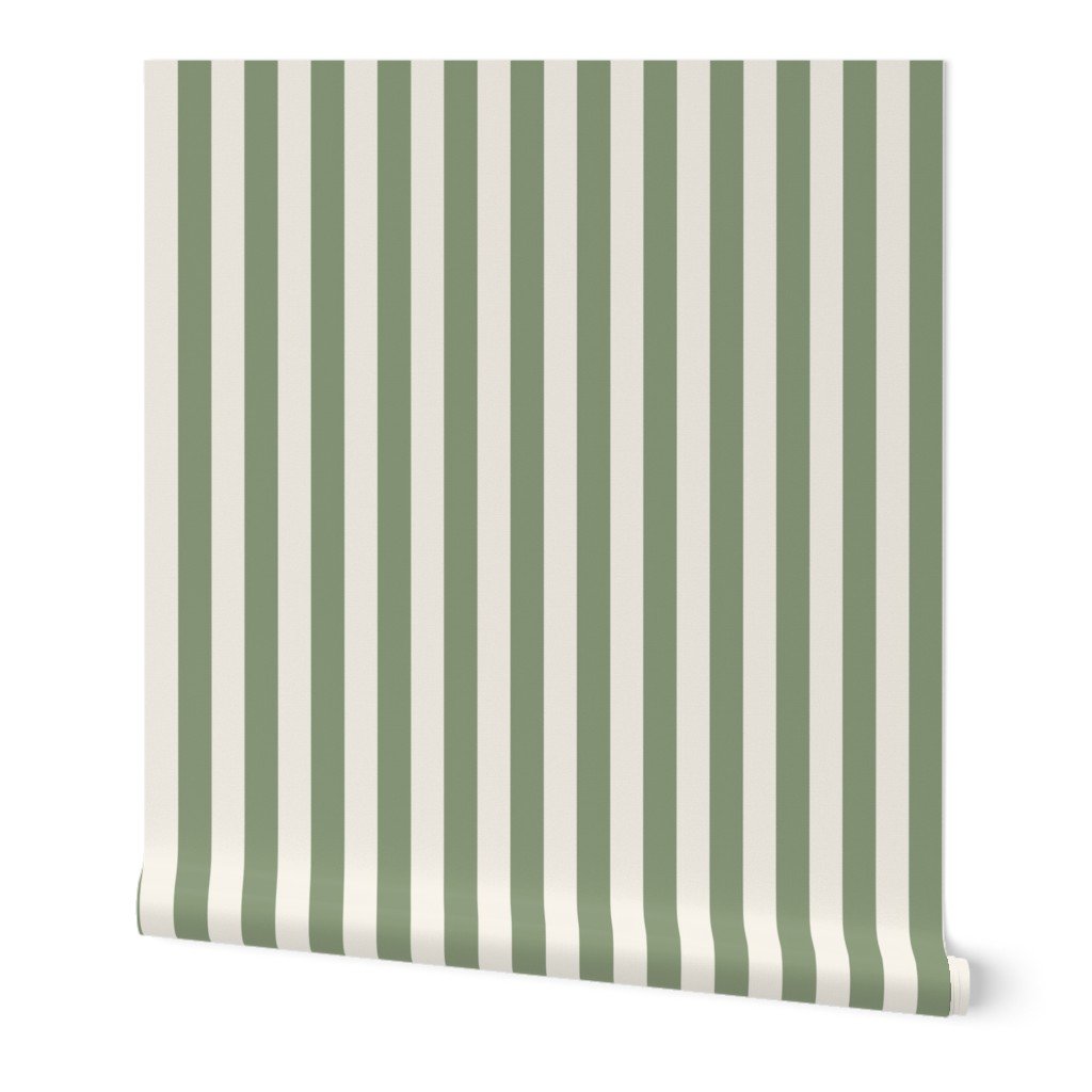 Classic Ivory and Sage Green One Inch Broad Stripe Pattern Wallpaper french country wallpaper