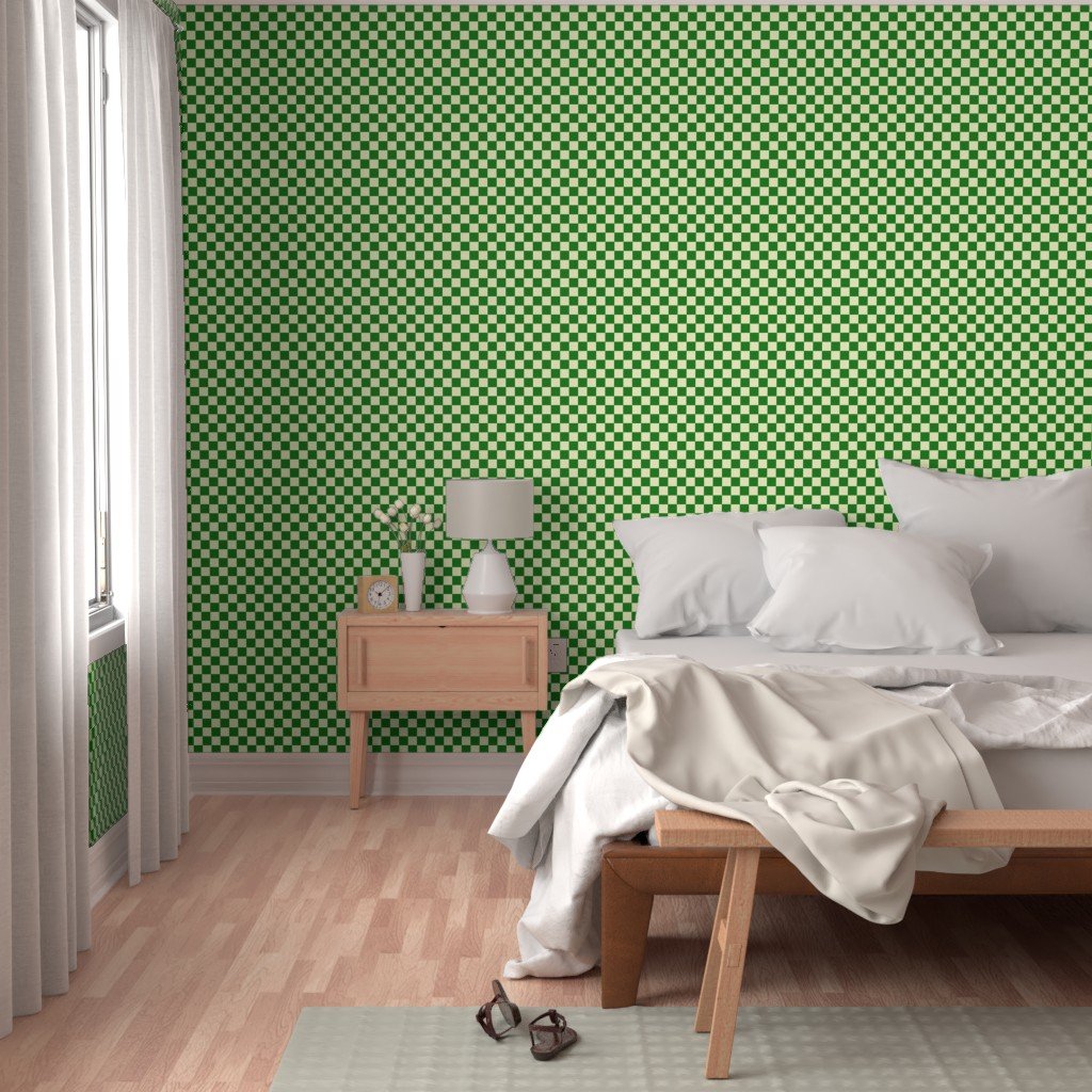 Green and Cream White 1 Inch Check Wallpaper small scale wallpaper
