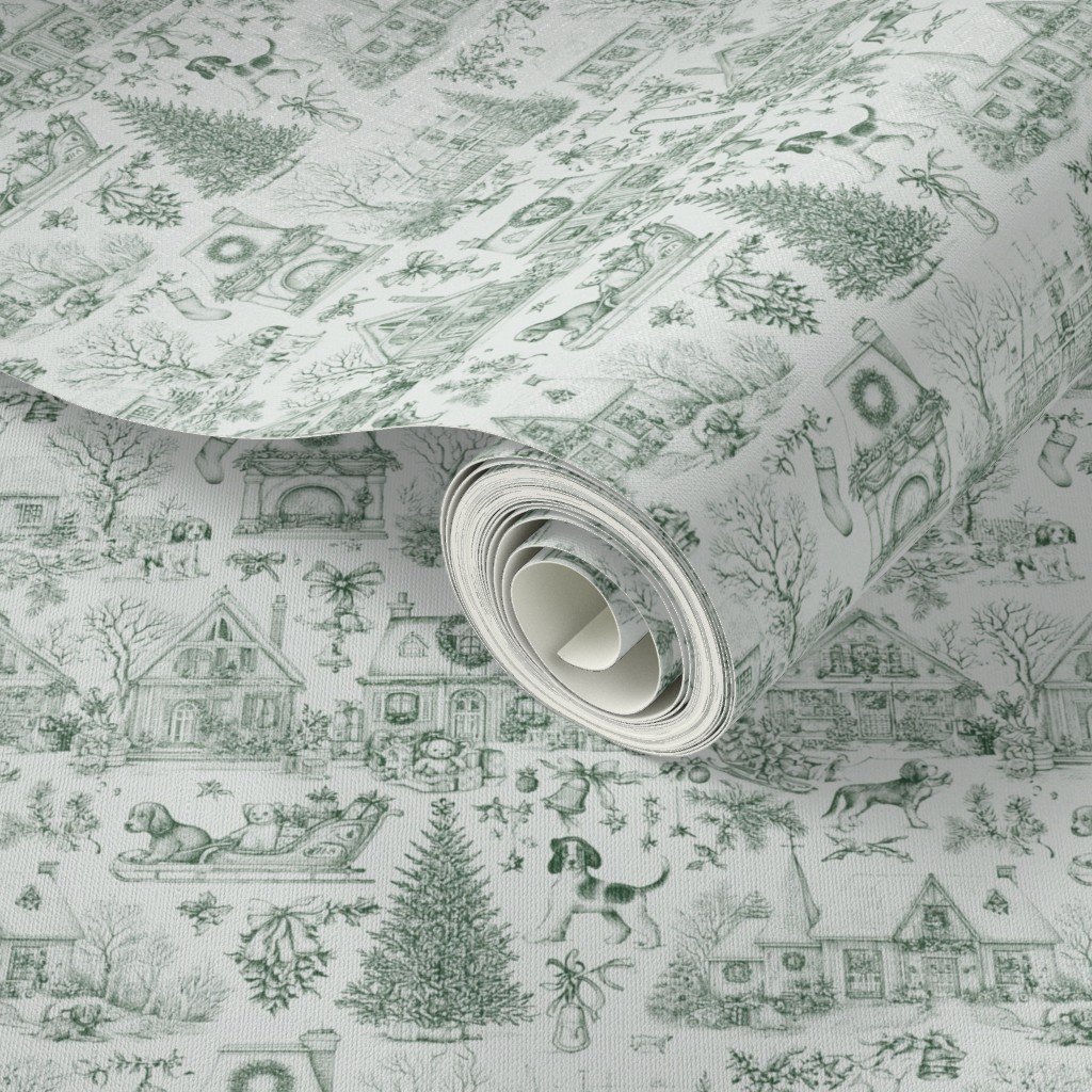 Christmas Dogs Toile Forest Green Wallpaper christmas dogs wallpaper