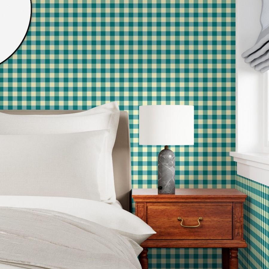 Teal and Cream White 2 Inch Gingham Wallpaper teal gingham wallpaper