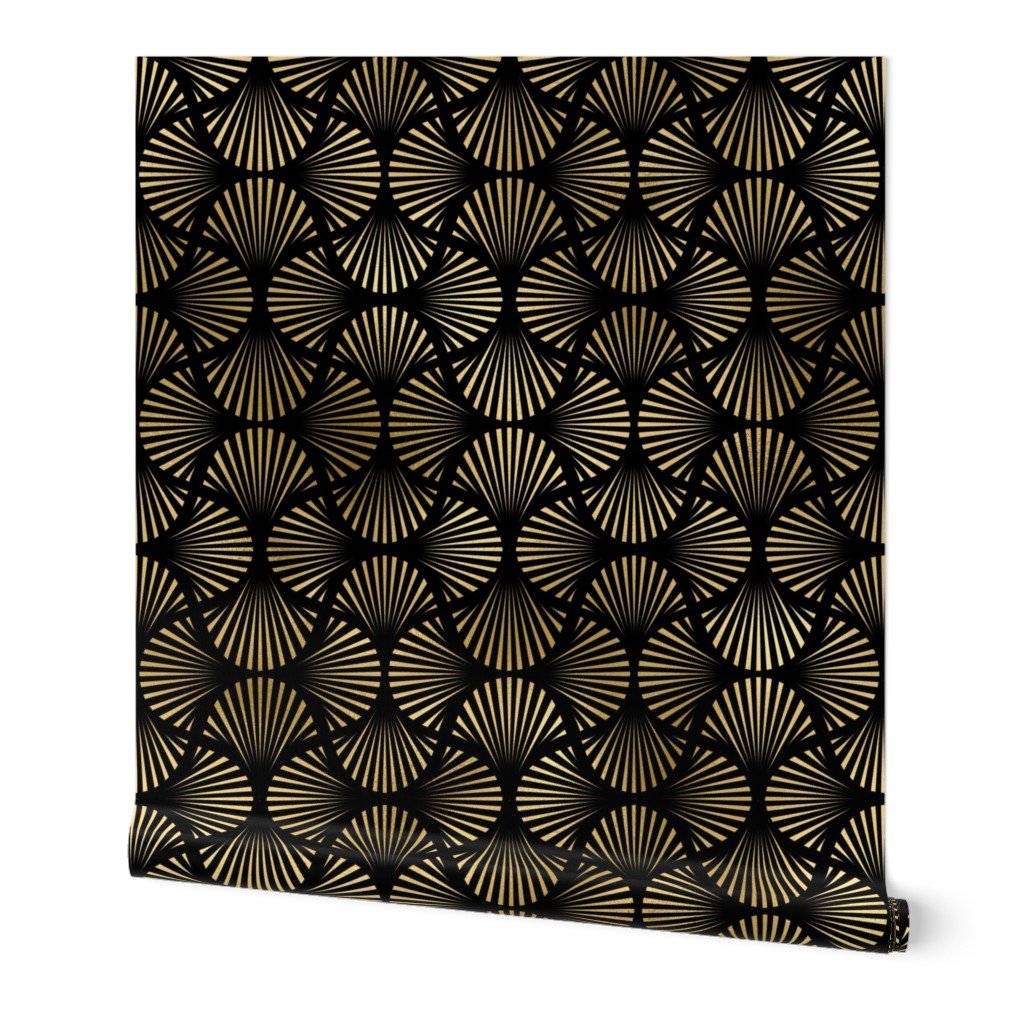 Vintage Foil Palm Fans in Black and Gold Art Deco Neo Classical Pattern Wallpaper black and gold wallpaper