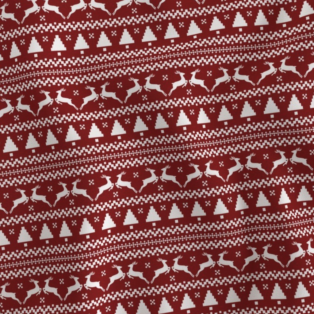 Dark Christmas Candy Apple Red Nordic Reindeer Stripe in White Fabric nordic knit fabric
