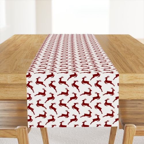 Large Dark Christmas Candy Apple Red Leaping Reindeer on White Interior Collection Decor Collection leaping reindeer table runner design