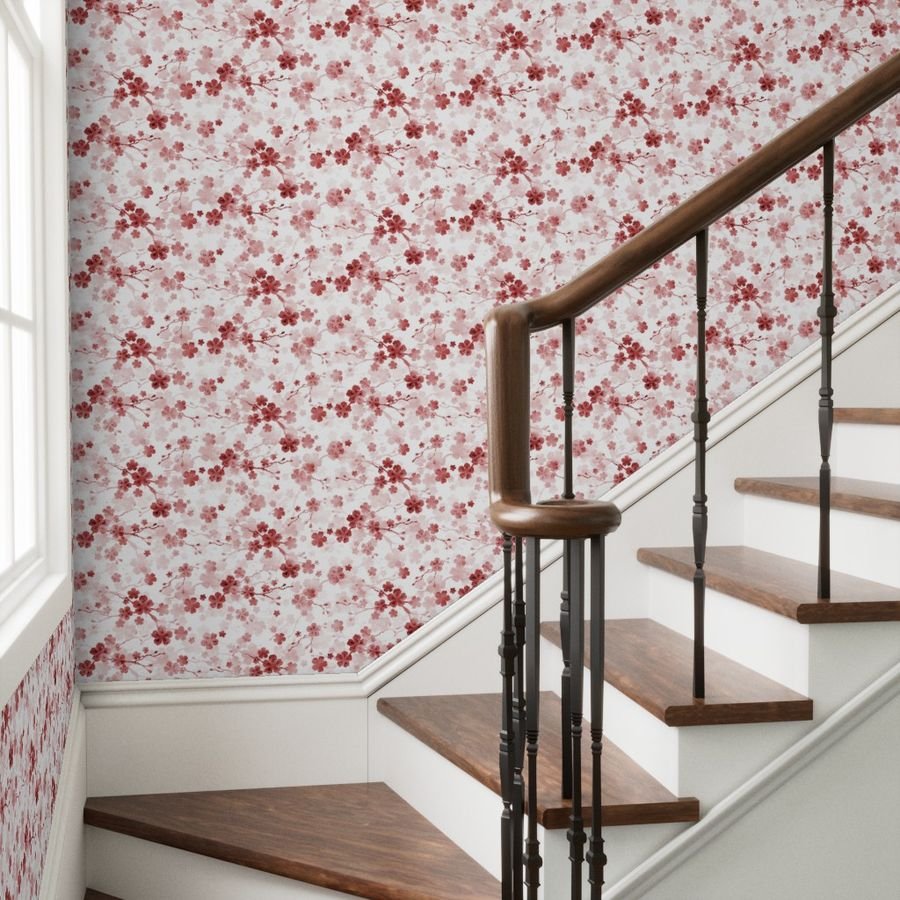 Bright Red Pastel Watercolor Cherry Blossom Flowers and Vines Wallpaper flowers vines wallpaper