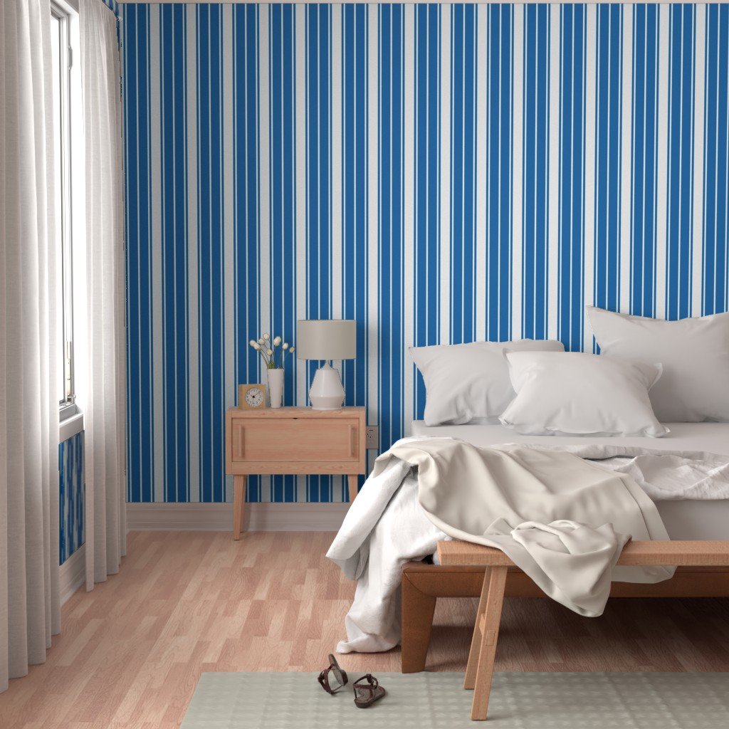Biscayne Bay Blue and White Vertical French Stripe Wallpaper upholstery stripes wallpaper