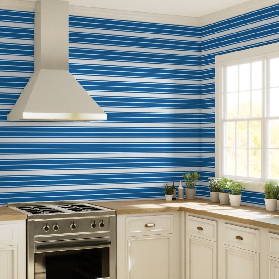 Biscayne Bay Blue and White Horizontal French Stripe Wallpaper jumbo stripe wallpaper