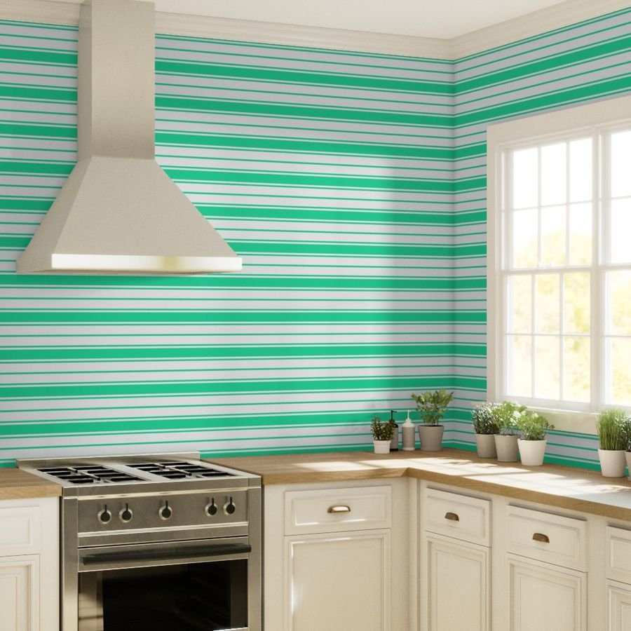 Sea Mint Green and White Horizontal French Stripe Wallpaper jumbo stripe wallpaper