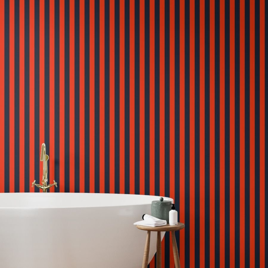 2 Inch Vertical Navy and Orange Cabana Stripes Wallpaper orange and blue wallpaper