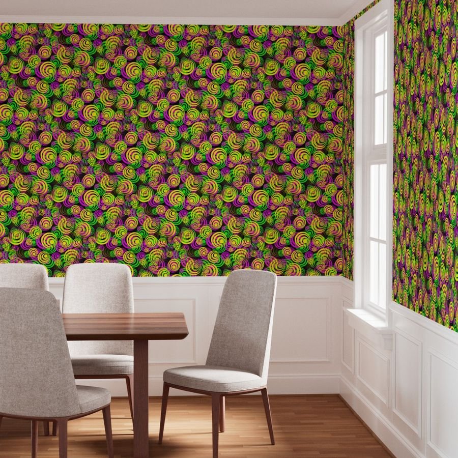 Bright Yellow Pink and Green 70s Hippy Circles Wallpaper disco pattern wallpaper