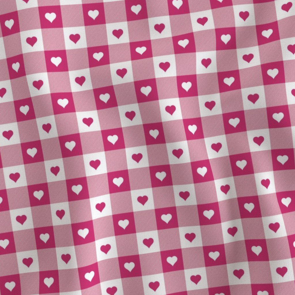 Bubble Gum and White Gingham Valentines Check with Center Heart Fabric bubble gum and white fabric