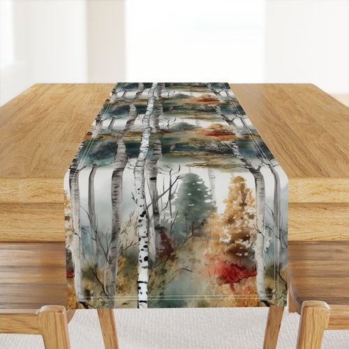 Endless Birch Tree Dreamscape Trees in Misty Forest Watercolor Home Decor Collection Home Styling Collection birch tree table runner design