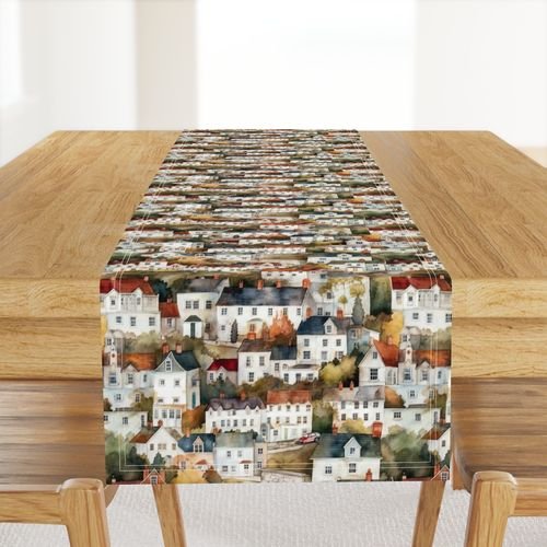Small English Town Houses in Watercolor Decor Collection Home Styling Collection english houses table runner design