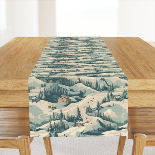 Small Vintage Ski Slope Cabins in Woods Blue Interior Collection Home Styling Collection ski print table runner design