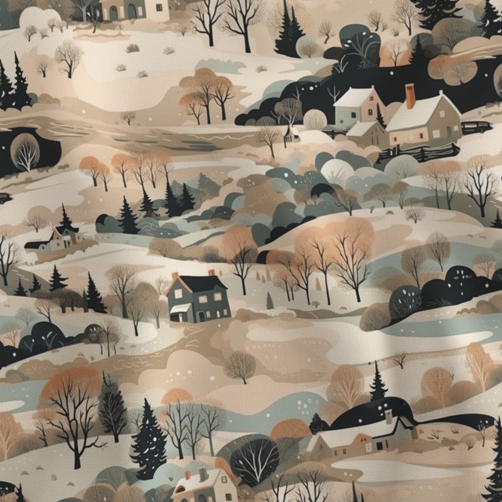 Small Vintage New England Village Winter Fabric muted colors fabric