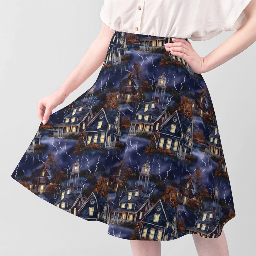 New England Haunted Village at Night with Lightning Storm Fabric blue mist fabric