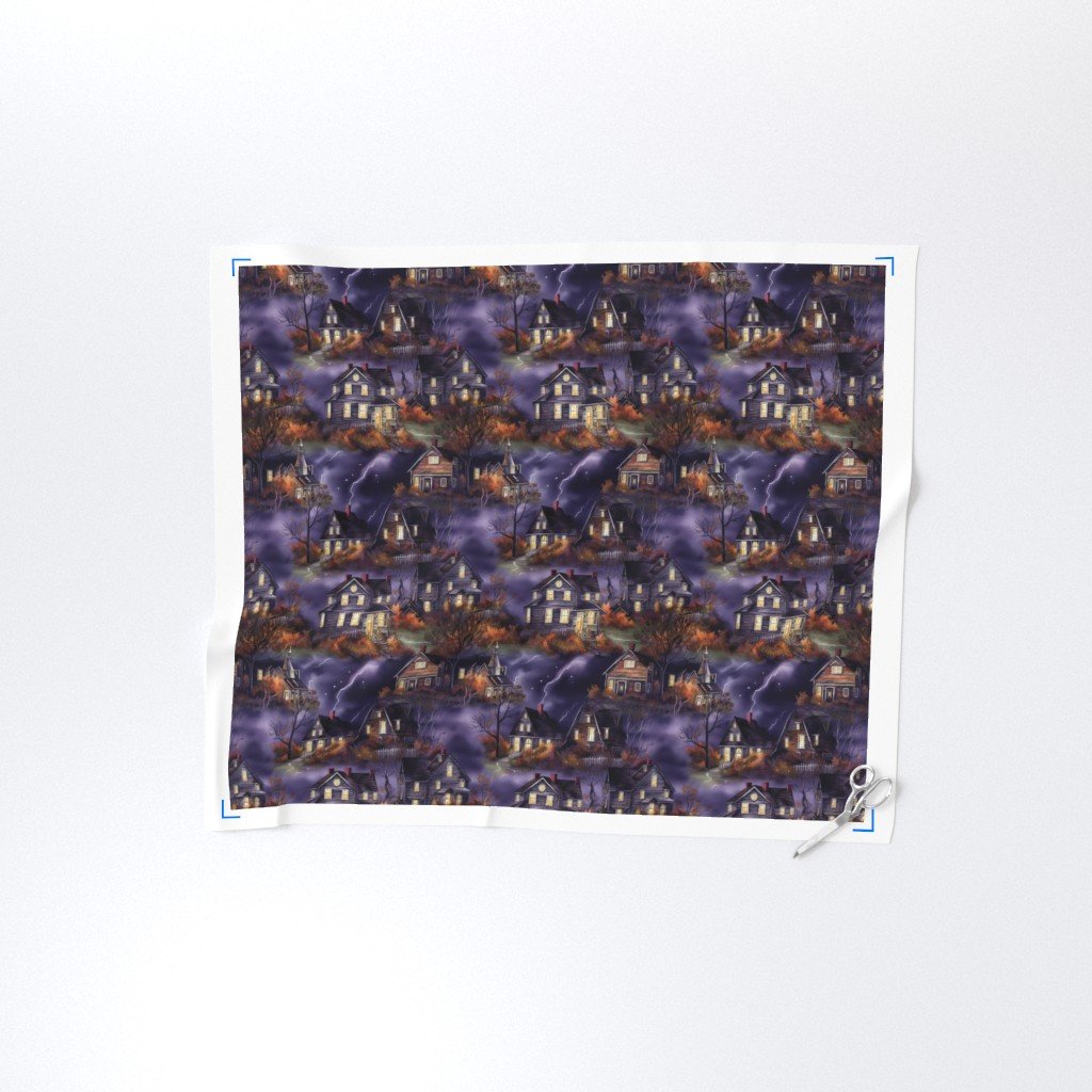 New England Haunted Village at Night with Purple Spooky Lightning Fabric blue mist fabric