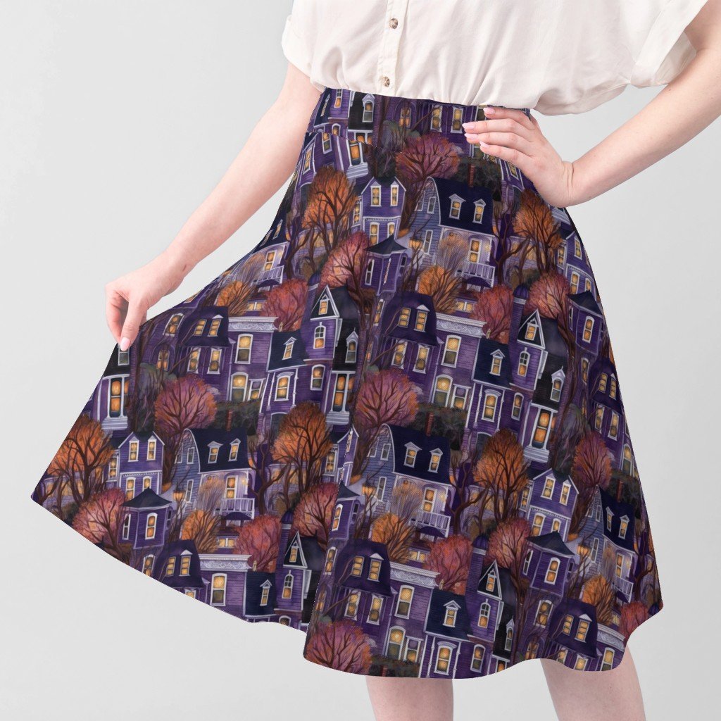 Bright Purple Haunted New England Village Watercolor Fabric bright purple fabric