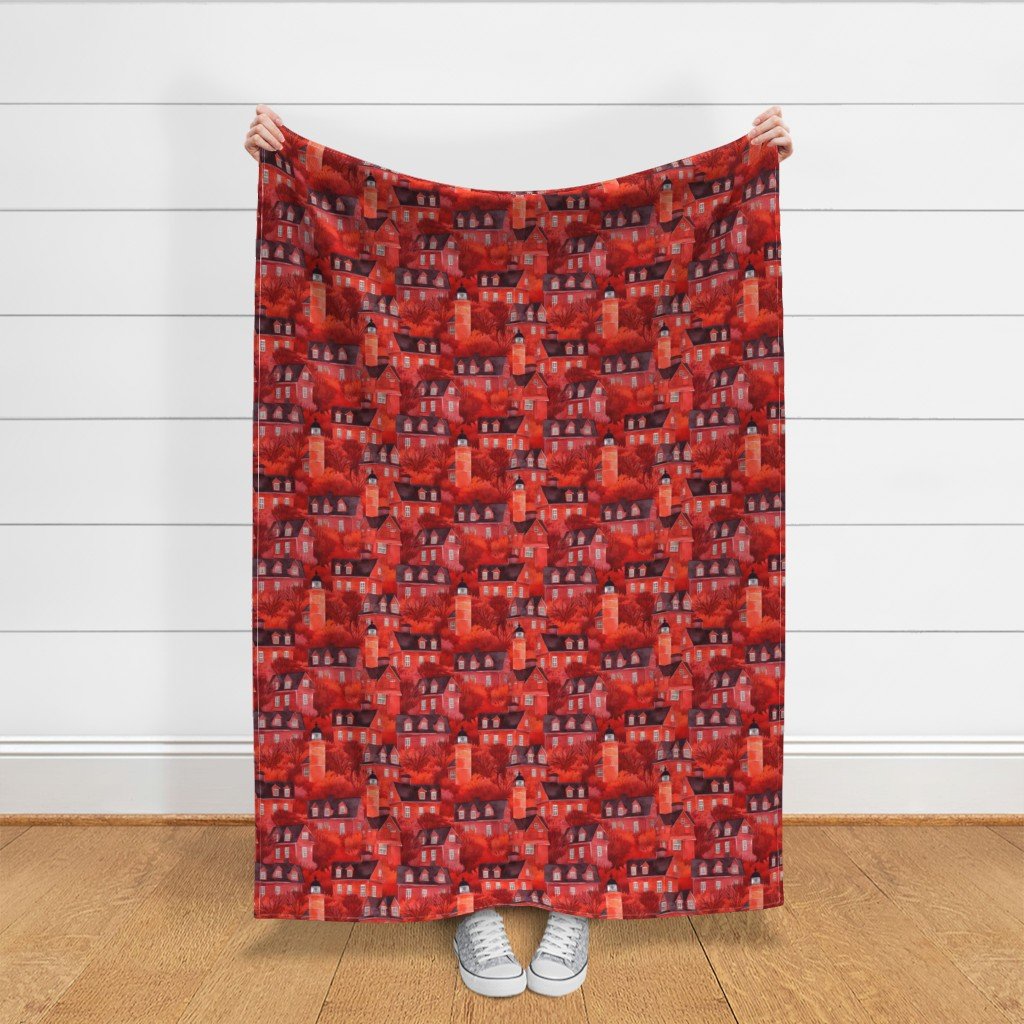 Bright Red Haunted New England Village Watercolor with Lighthouse Fabric bright red fabric