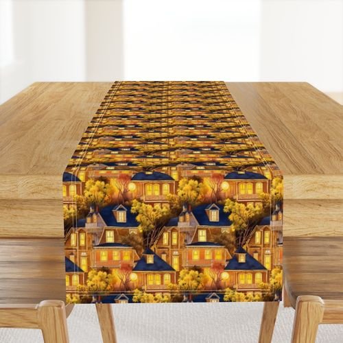 Bright Yellow Haunted New England Village Watercolor with Lighthouse Decor Collection Home Decor Collection yellow village table runner design