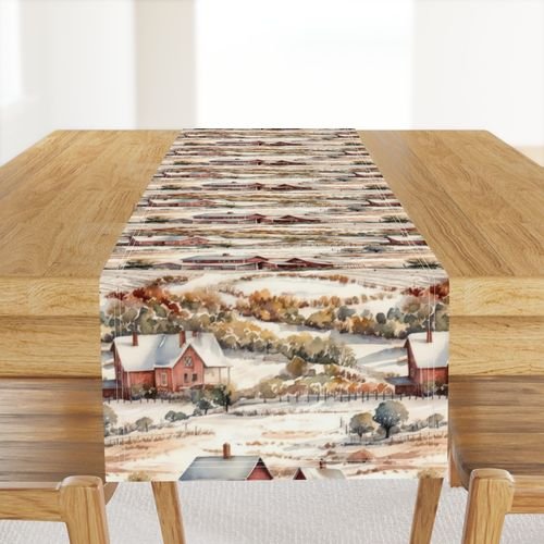 Winter Snowy Farm Landscape Watercolor Home Decor Collection Home Decor Collection farm fields table runner design
