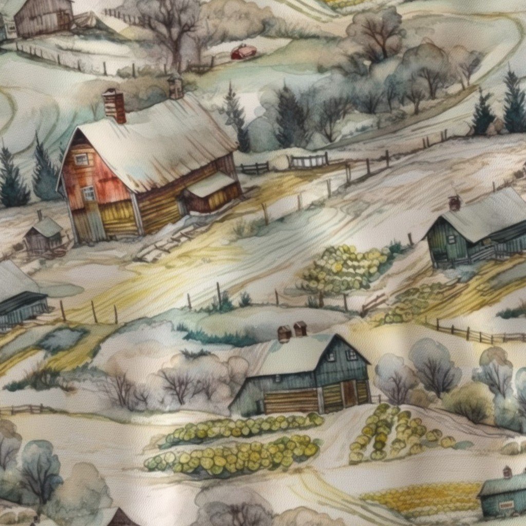 Winter Snowy Farm Landscape Watercolor Fabric farm fields fabric
