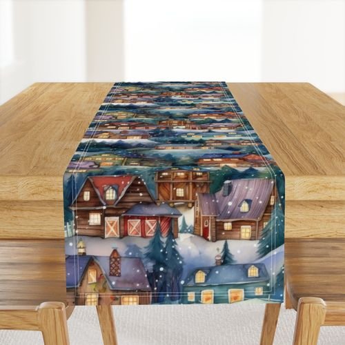 Large Christmas Rustic Country Winter Cabins Watercolor Decor Collection Design Collection christmas cabins table runner design