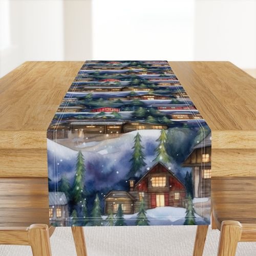 Large Christmas Christmas Rustic Village Winter Cabins Watercolor Home Decor Collection Home Styling Collection christmas cabins table runner design