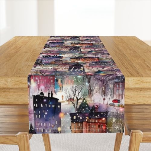 Large New York City Christmas Street Watercolor Home Styling Collection Home Styling Collection new york houses table runner design