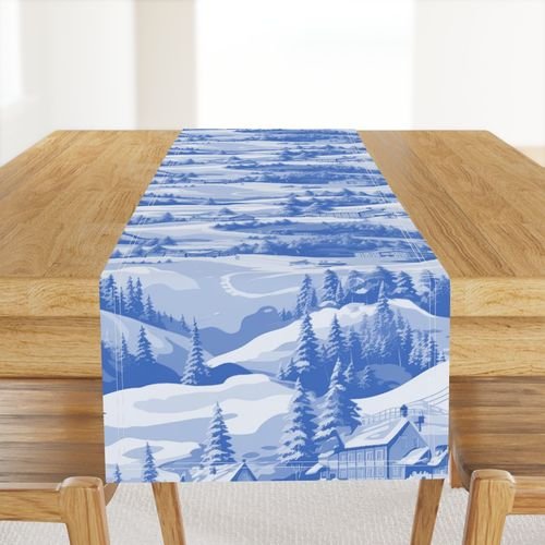 Small Montana Winter Cabins Montana with Evergreens in Mid China Blue Interior Collection Decor Collection blue glaze table runner design
