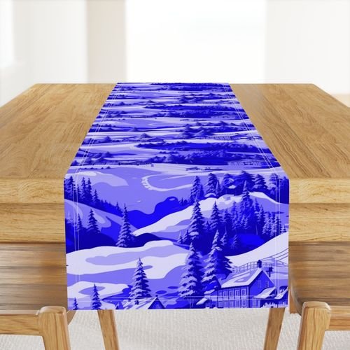 Small Montana Winter Cabins Montana with Evergreens in Royal China Blue Decor Collection Design Collection blue glaze table runner design