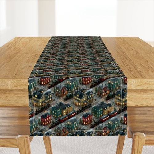 Small Isometric Snowy Christmas Village with Festive Trains and Townhouses Decor Collection Home Decor Collection houses table runner design