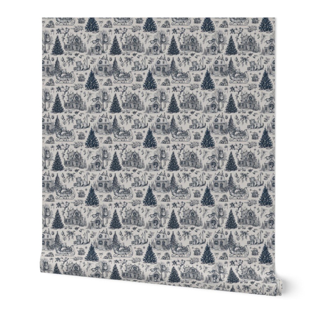 Christmas Cats Toile Midnight Navy Wallpaper christmas cats wallpaper